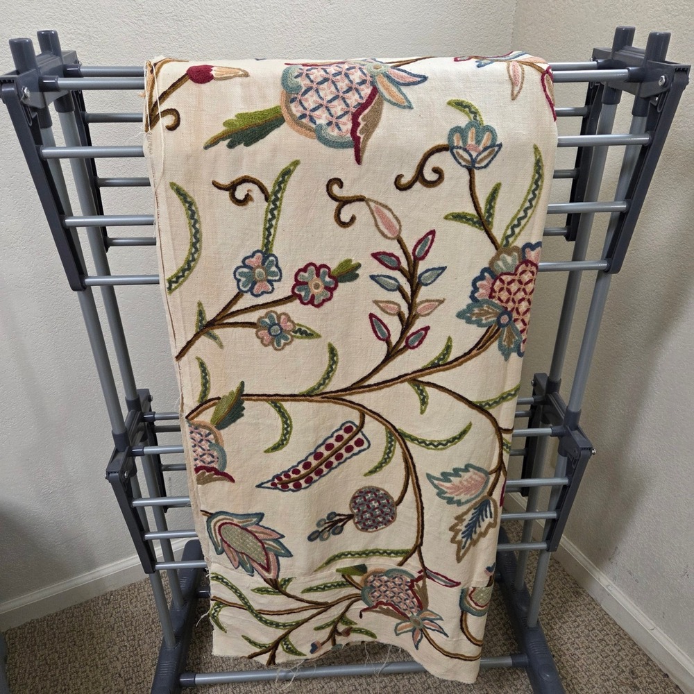 Vintage Jacobean Floral Crewel Embroidered Linen Fabric Remnant 18x52 Cream
